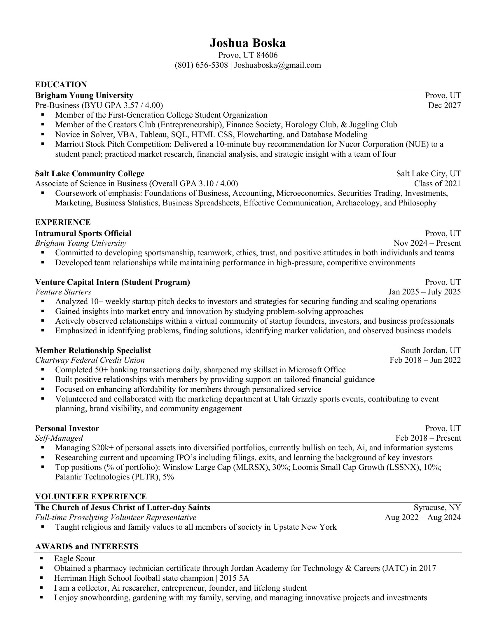 Joshua Boska Resume